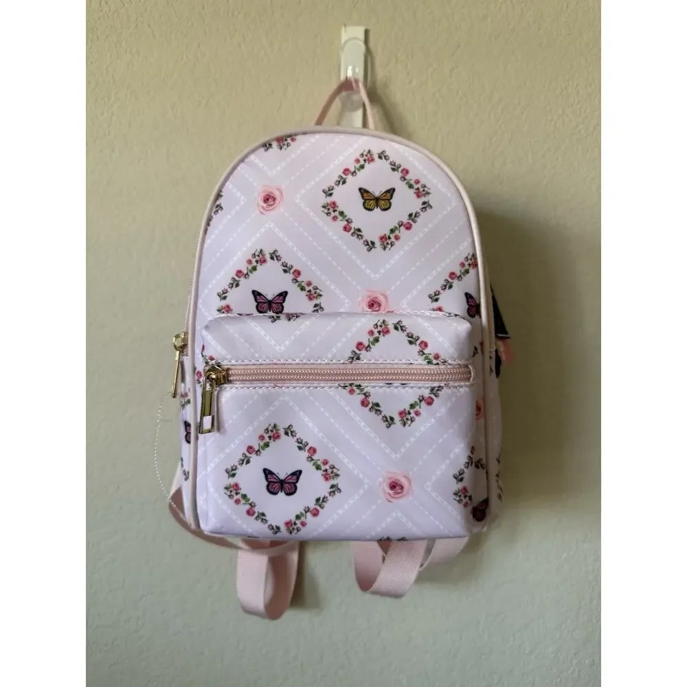 Pink Floral Roses Butterfly Pink Adjustable Straps Pocket Nylon Mini Backpack
